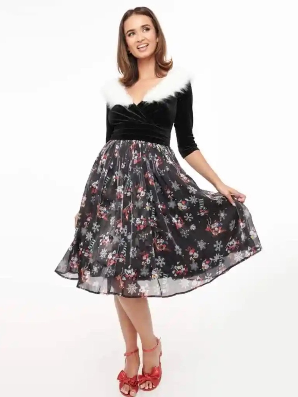 Unique Vintage Disney Black Holiday Dress with White Faux Fur Collar